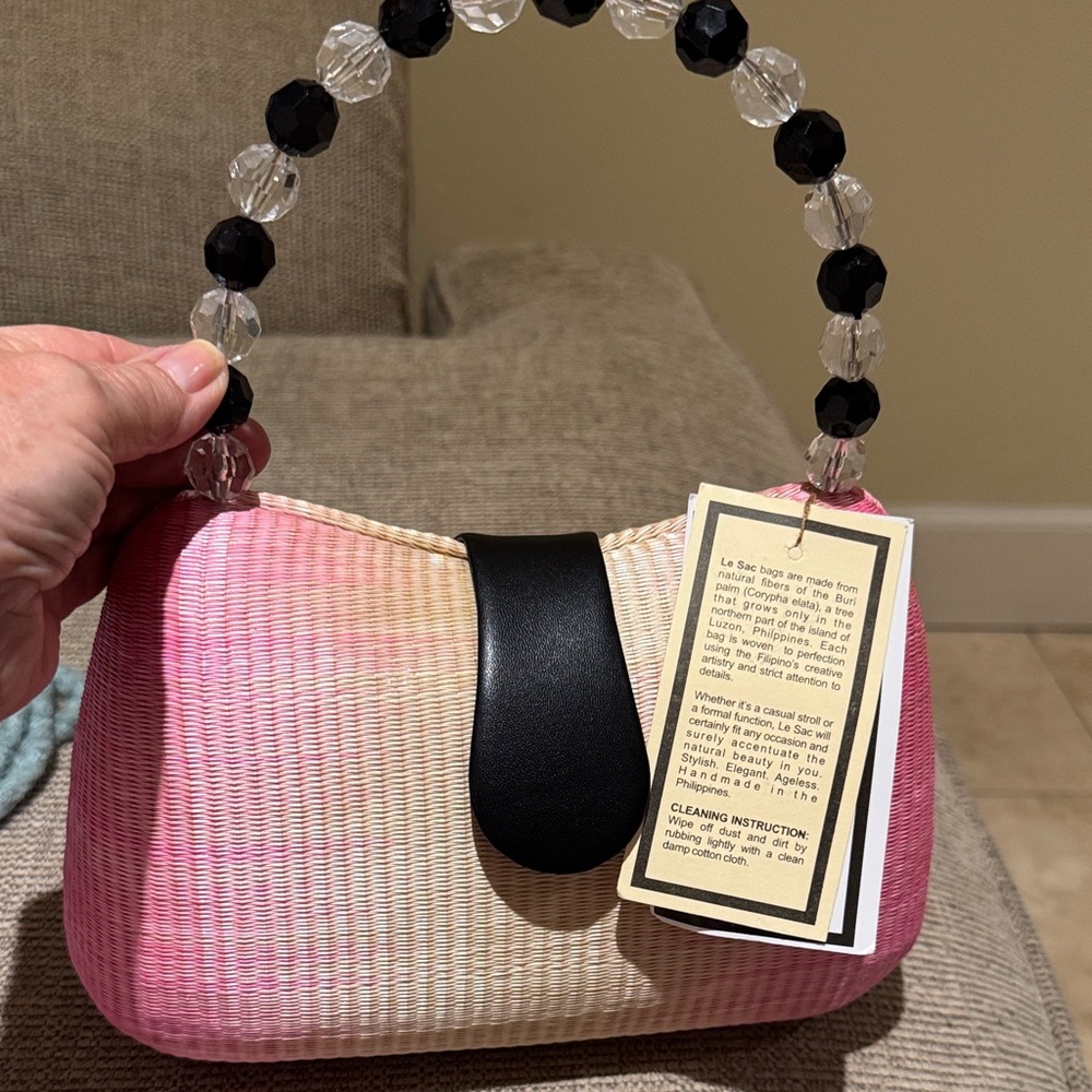 Pink and Cream Woven Handbag with Beaded Handle